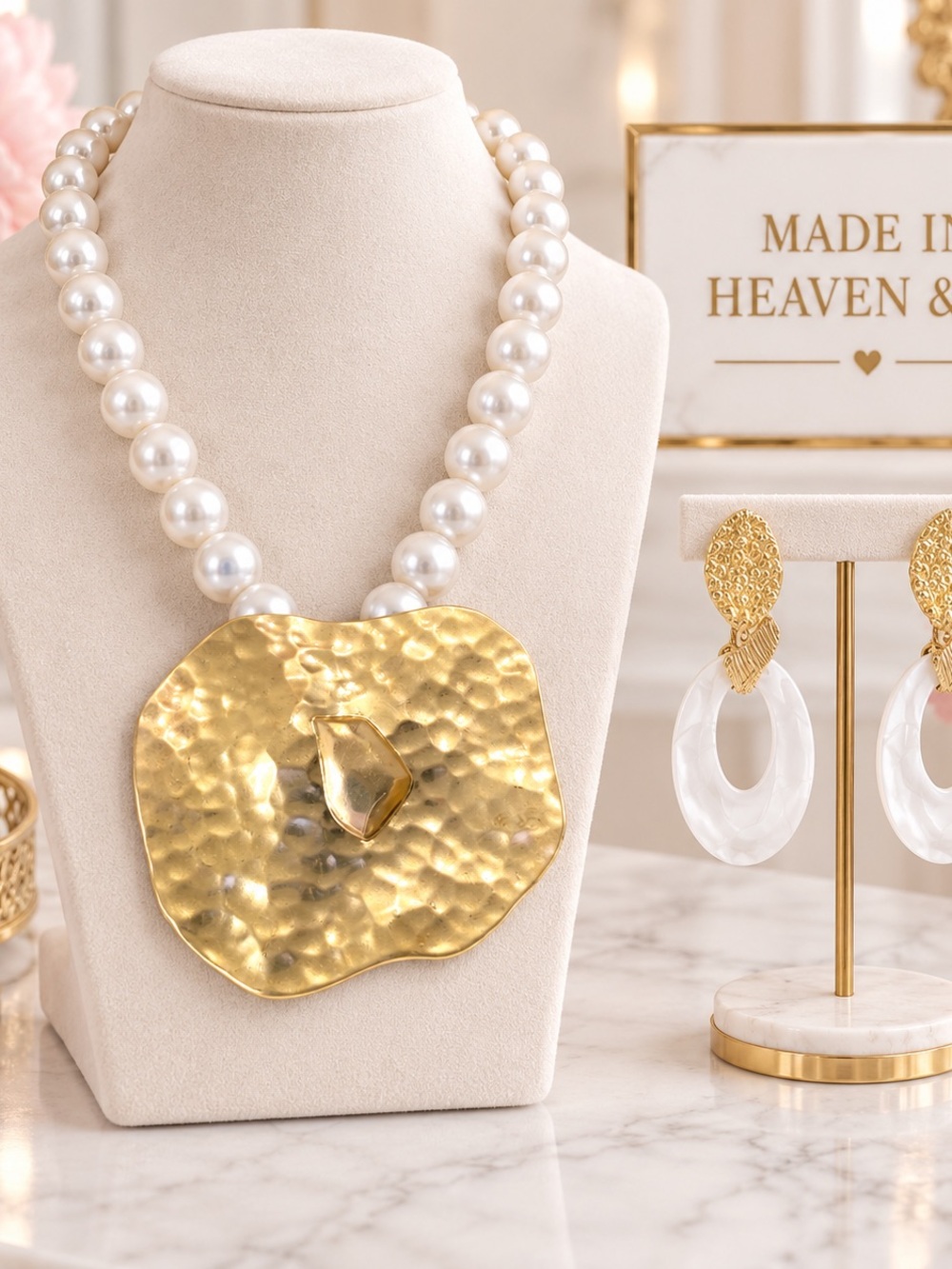 Lustrous White Pearl Necklace with Hammered Gold Pendant